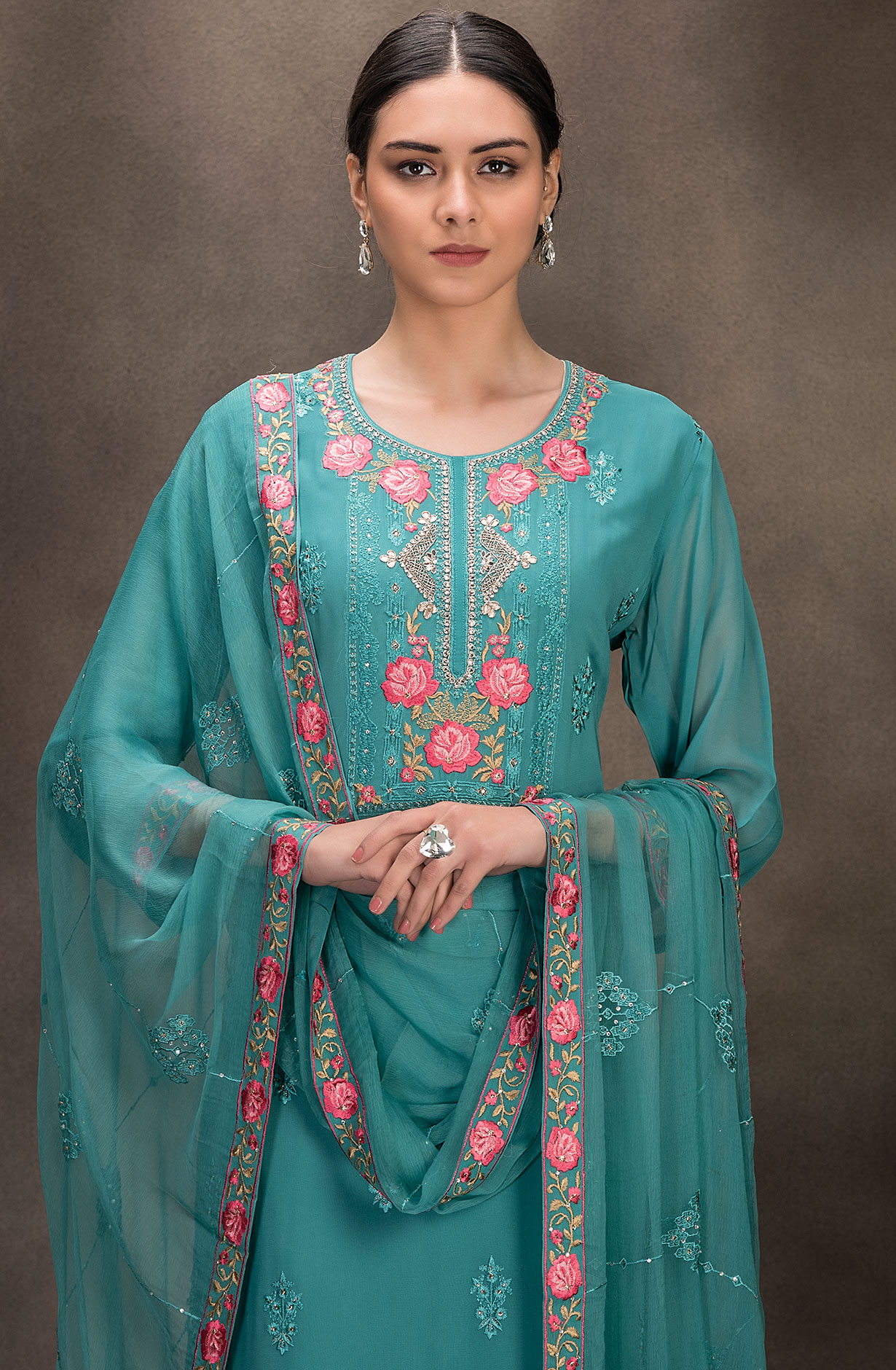 Firozi Georgette Embroidered Salwar Kameez with Chiffon Dupatta - 131-RC4060A