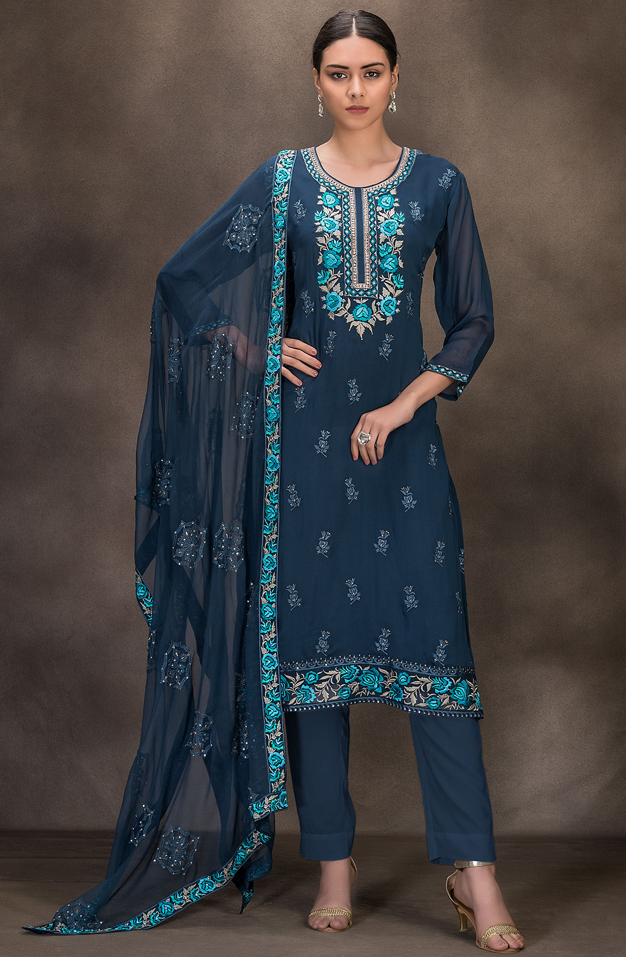Blue Georgette Embroidered Salwar Kameez with Chiffon Dupatta - 131-RC4060B