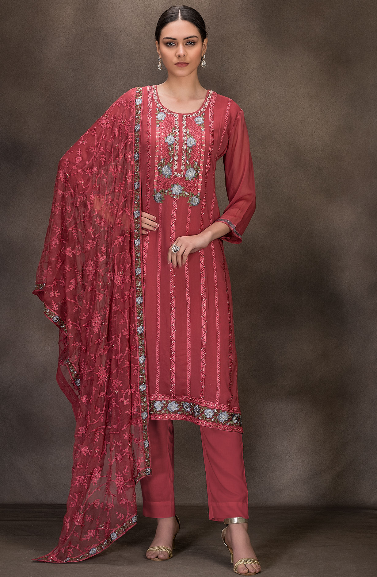 Maroon Georgette Embroidered Salwar Kameez with Chiffon Dupatta - 131-RC4060C