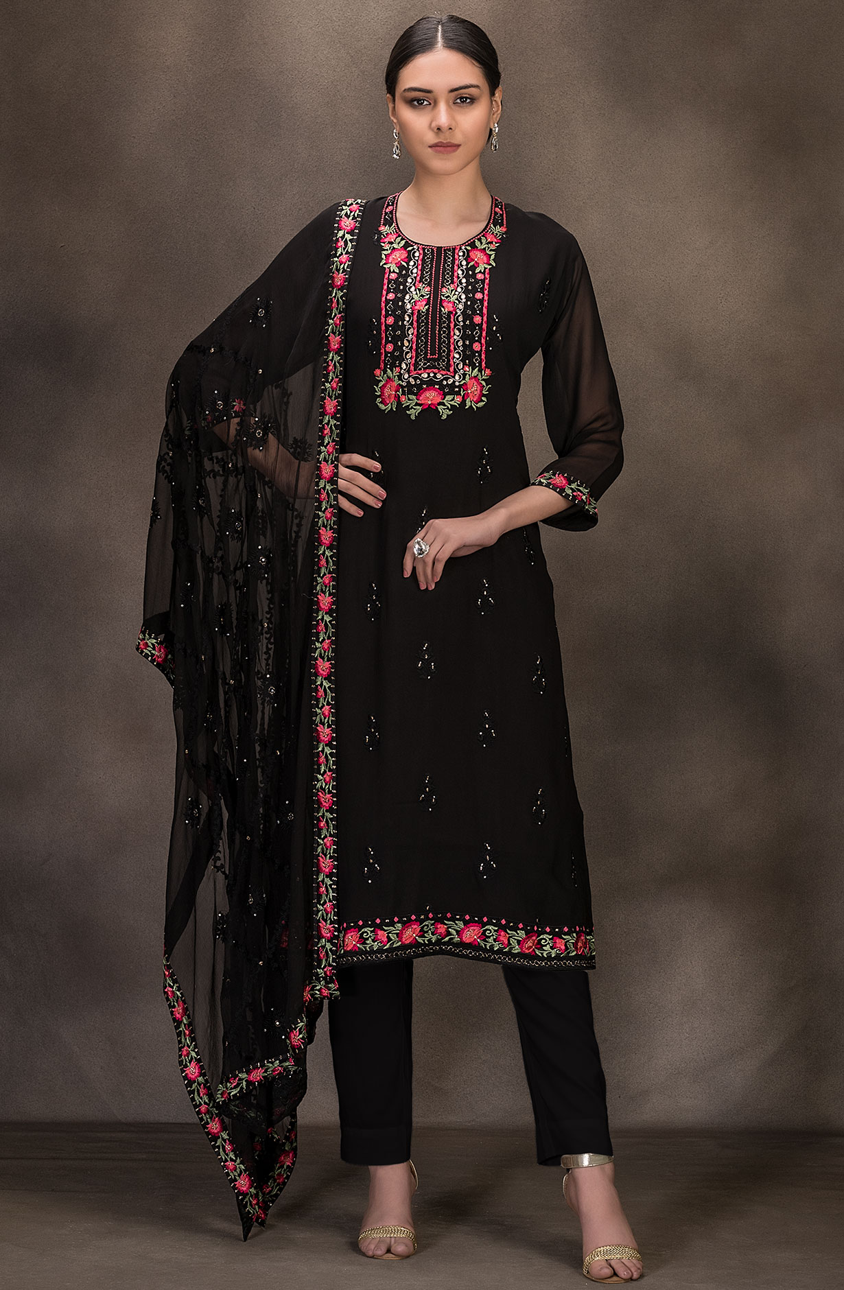 Black Georgette Embroidered Salwar Kameez with Chiffon Dupatta - 131-RC4060D