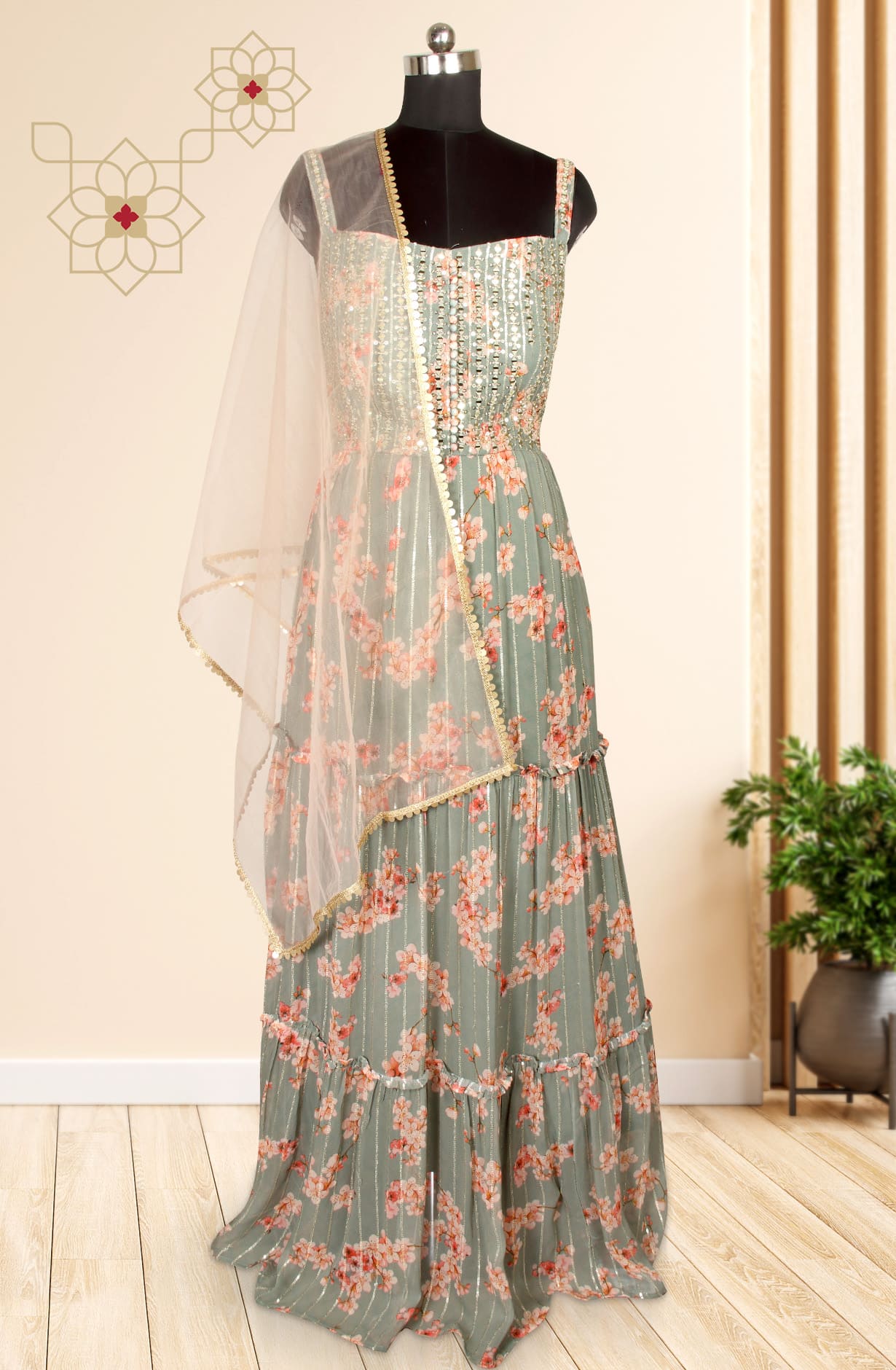 Olive Green Designer Readymade Georgette Gown with Net Dupatta - 131-RCG0902