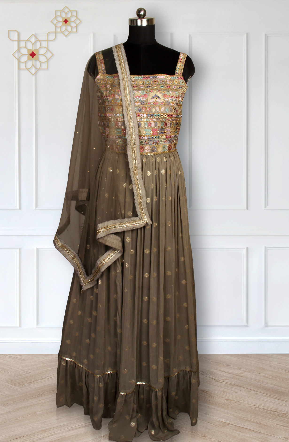 Beige Designer Readymade Georgette Gown with Net Dupatta - 131-RCGB1272