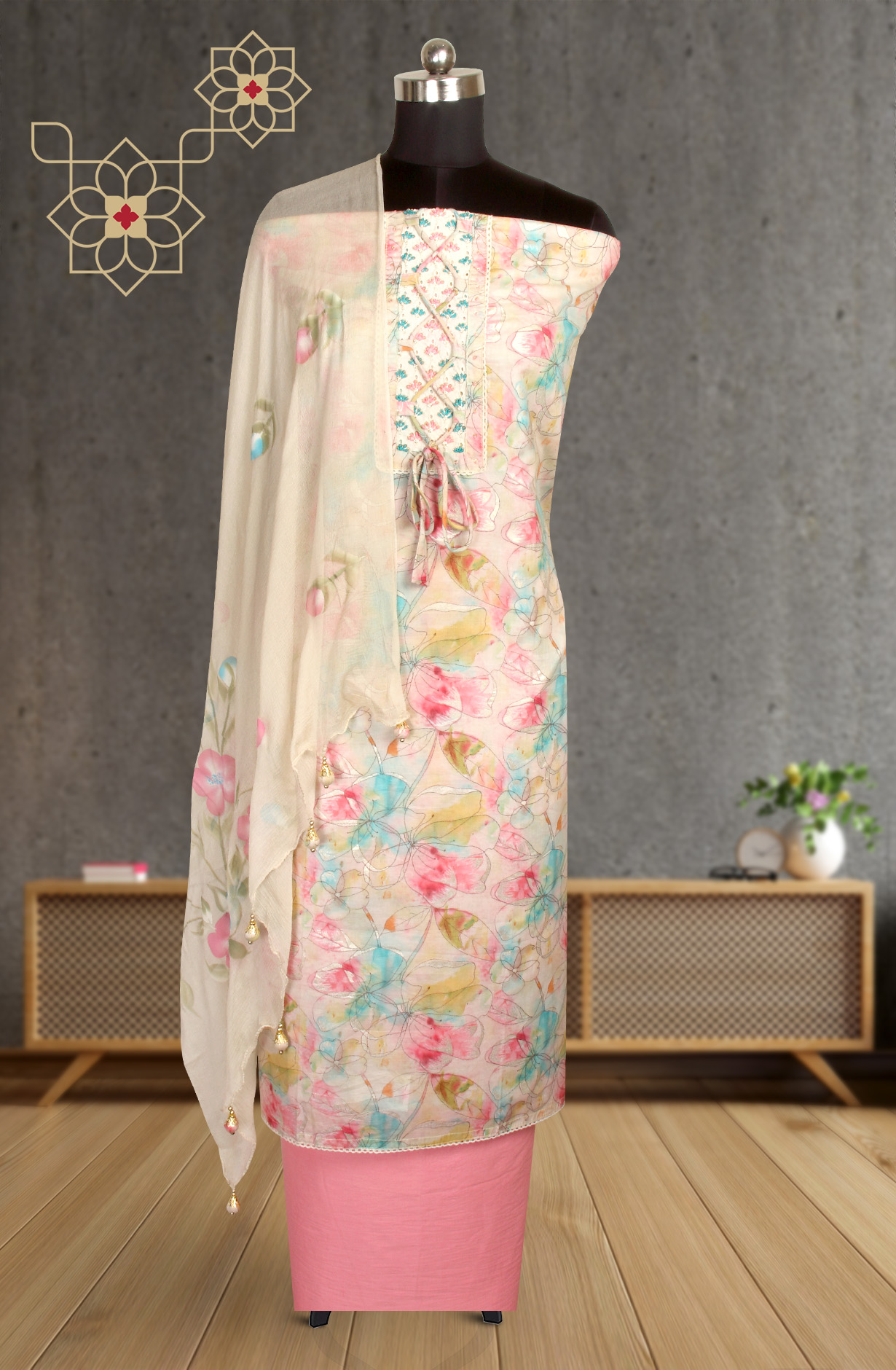 Multi-coloured Cotton Suit-set with Beautiful Chiffon Dupatta - 131-SAF2355