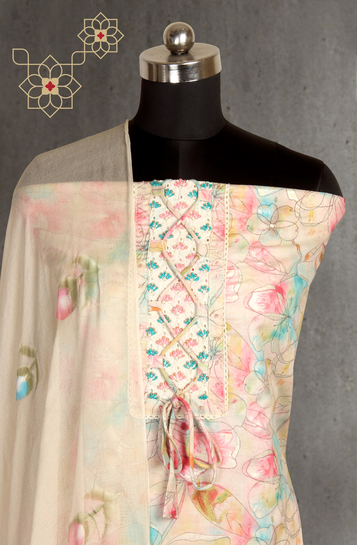 Multi-coloured Cotton Suit-set with Beautiful Chiffon Dupatta - 131-SAF2355
