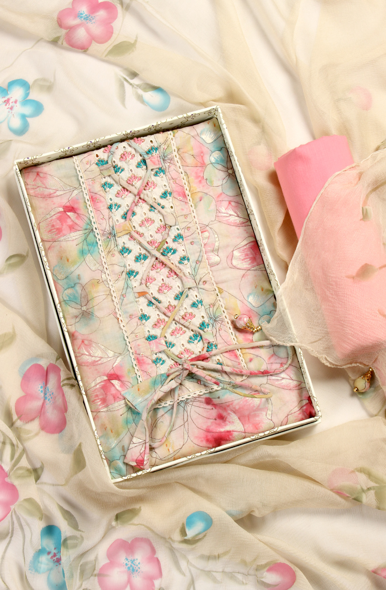 Multi-coloured Cotton Suit-set with Beautiful Chiffon Dupatta - 131-SAF2355