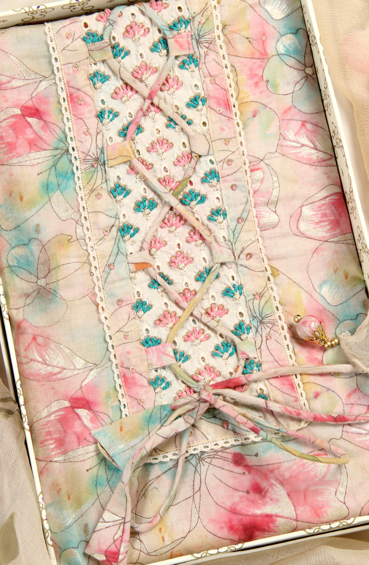 Multi-coloured Cotton Suit-set with Beautiful Chiffon Dupatta - 131-SAF2355