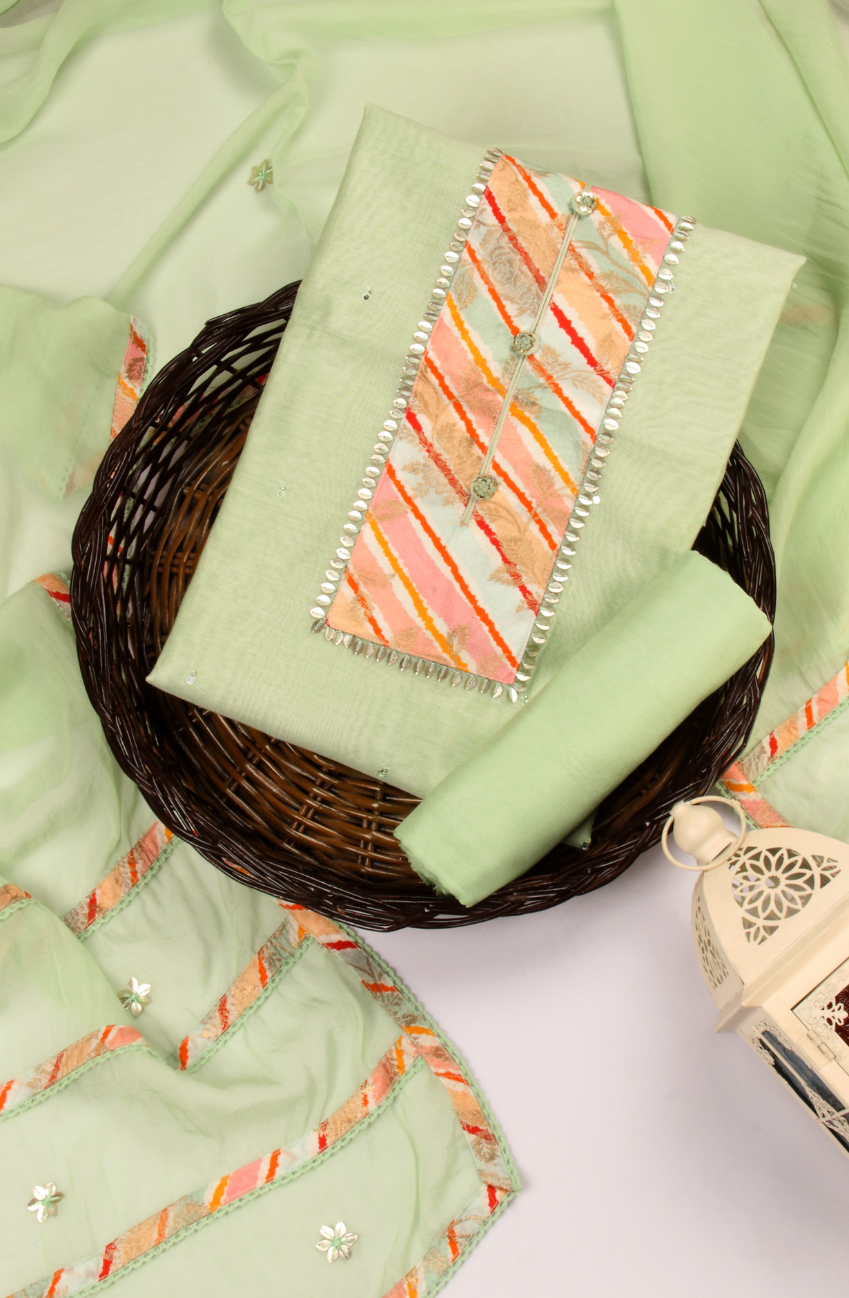 Sea Green Chanderi Unstitched Salwar Kameez with Organza Dupatta - 131-SD9836A