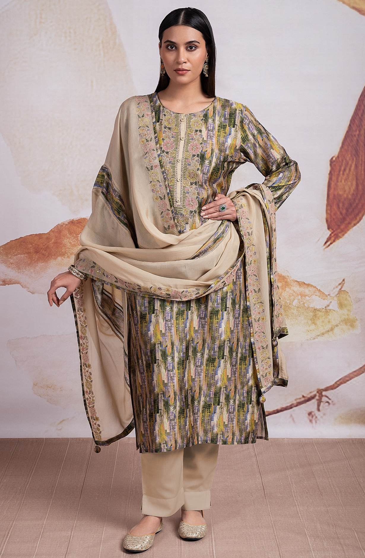 Printed Silk Suit with Beautiful Organza Embroidered Dupatta - R157-SPR2134