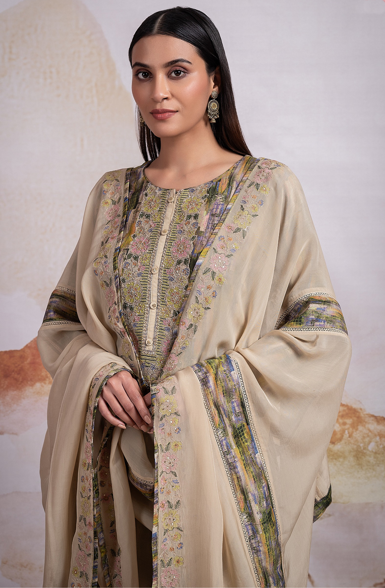 Printed Silk Suit with Beautiful Organza Embroidered Dupatta - R157-SPR2134