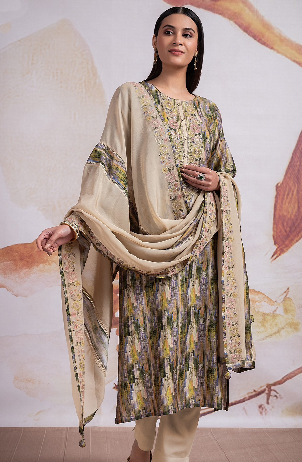 Printed Silk Suit with Beautiful Organza Embroidered Dupatta - R157-SPR2134