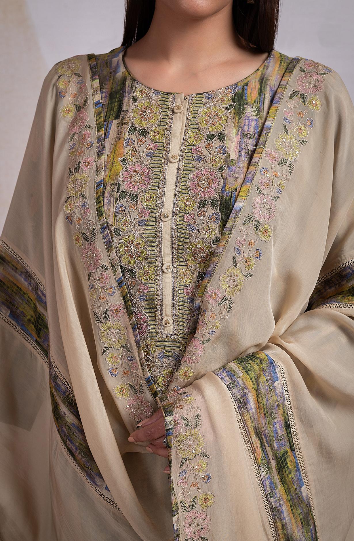 Printed Silk Suit with Beautiful Organza Embroidered Dupatta - R157-SPR2134