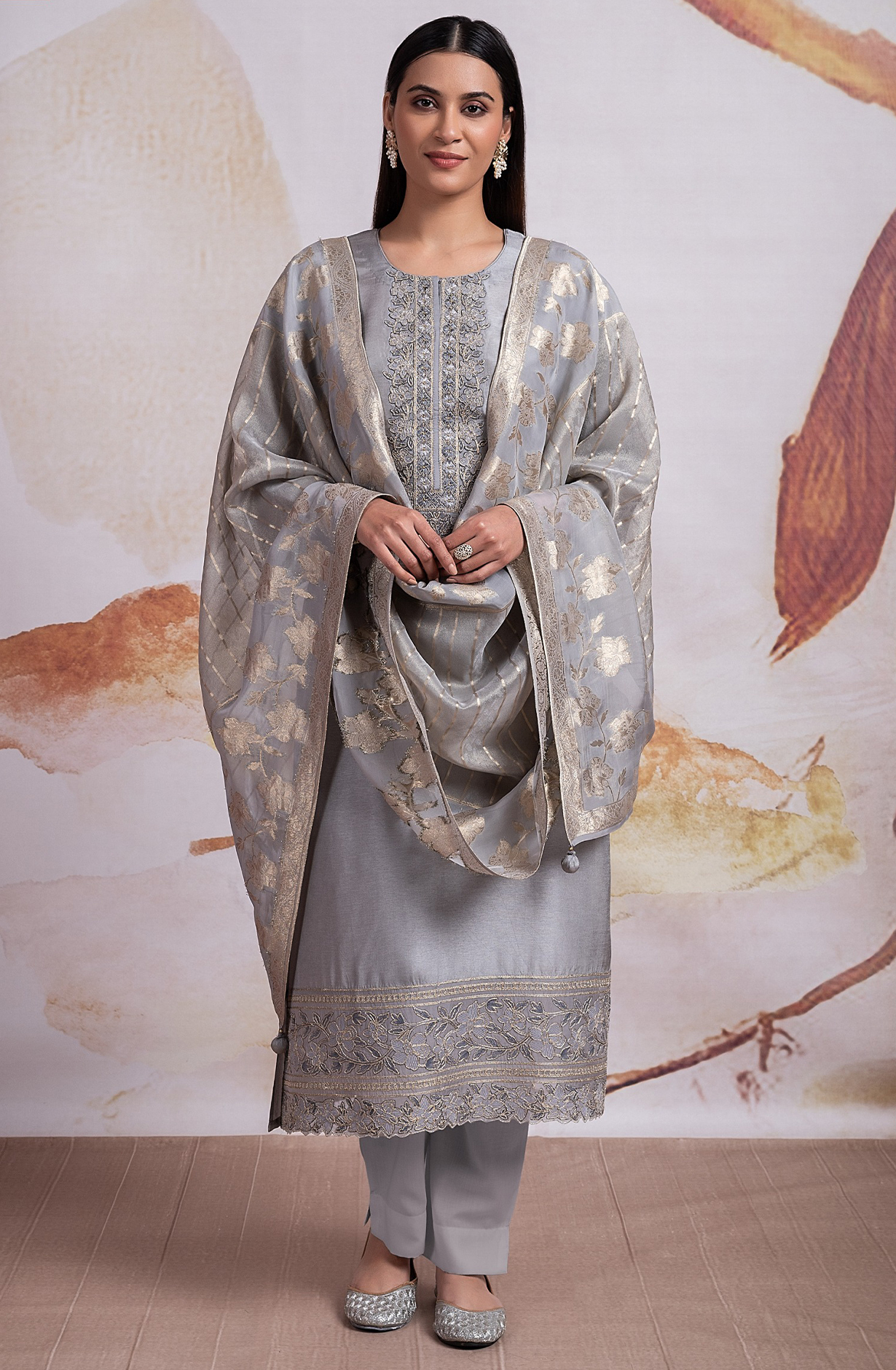 Silk Jacquard Suit with Beautiful Organza Dupatta - R157-SPR2148A
