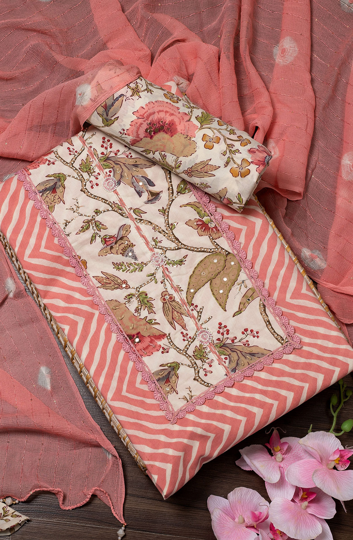 Peach Cotton Printed Salwar Suit with Chiffon Dupatta - 131-SR206