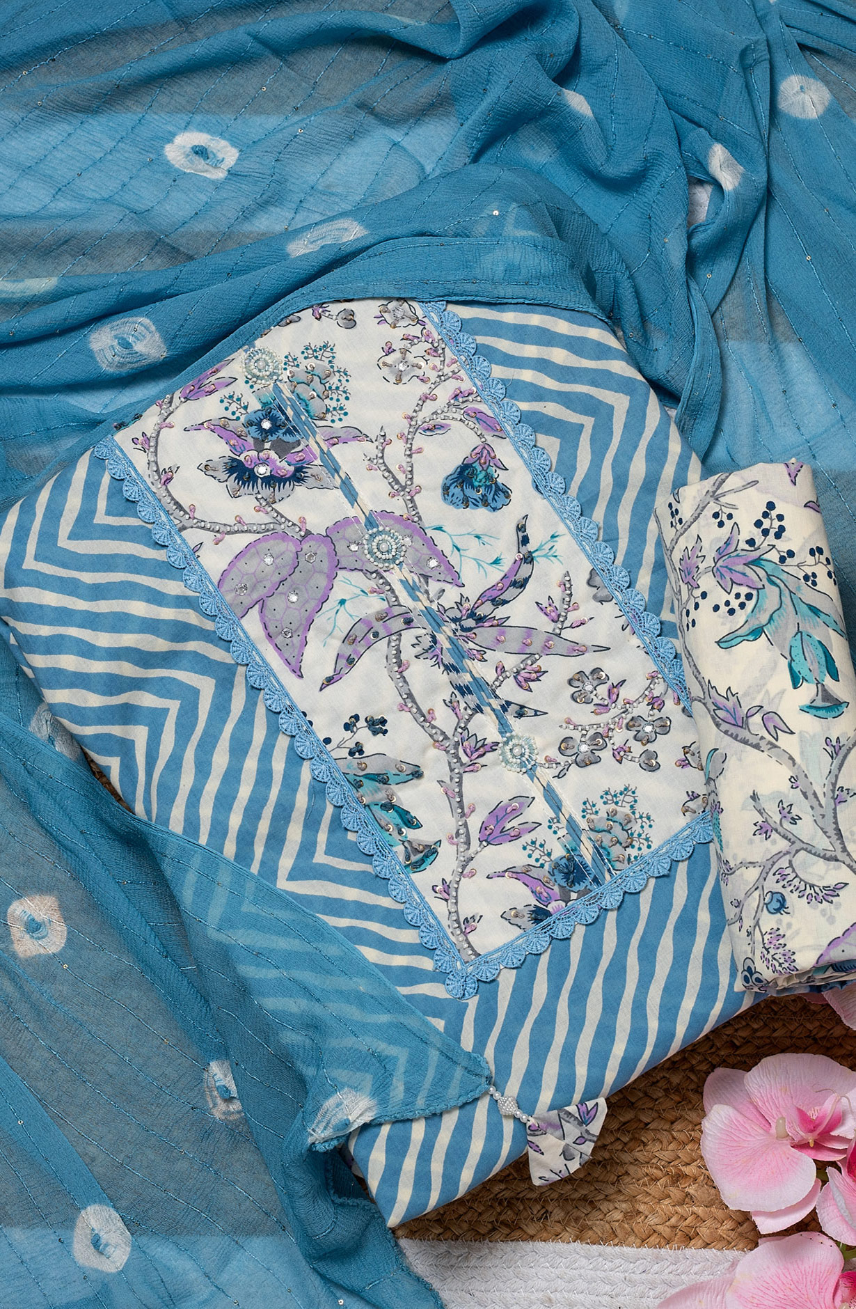 Pastel Blue Cotton Printed Salwar Suit with Chiffon Dupatta - 131-SR206A