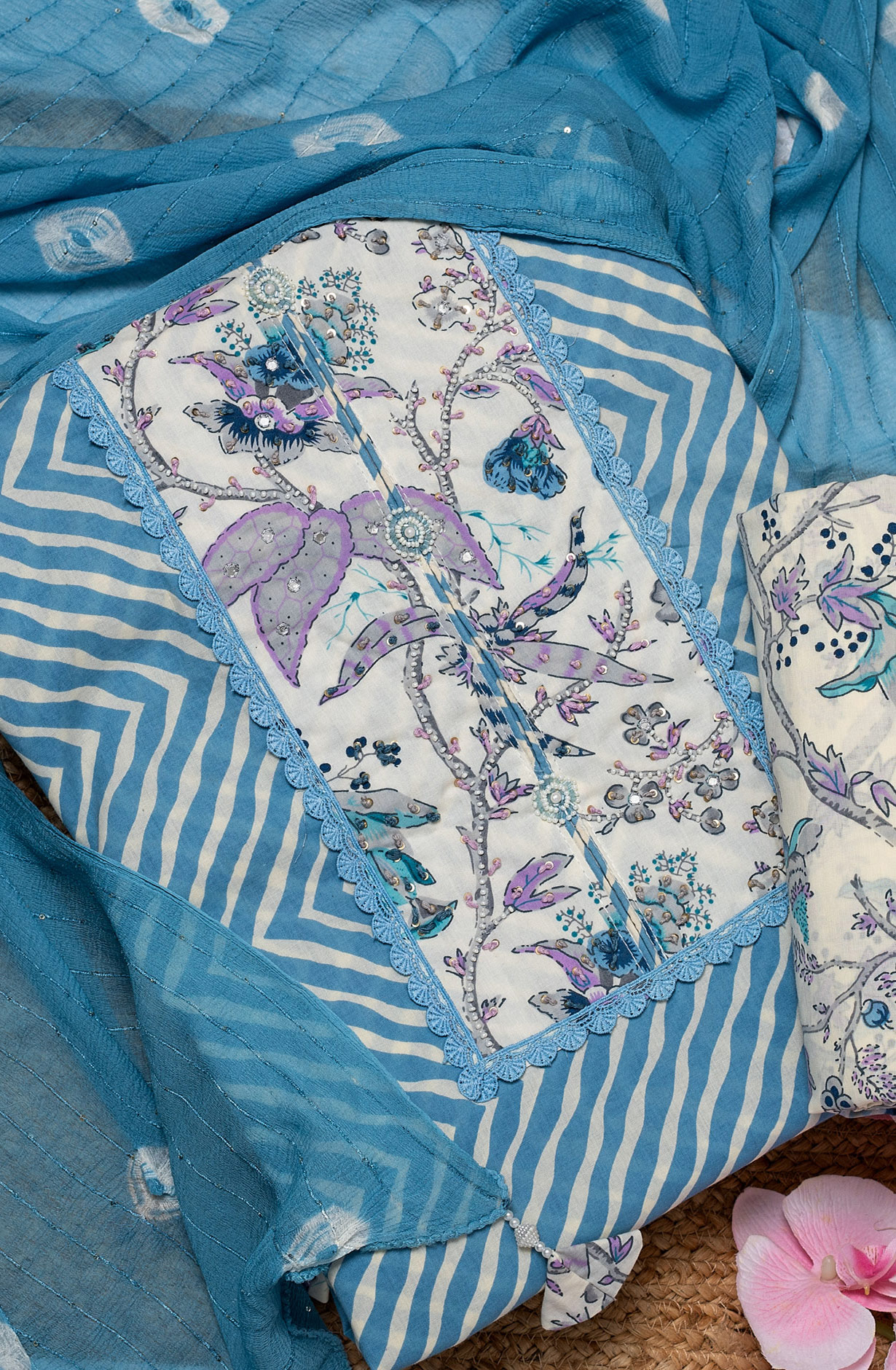 Pastel Blue Cotton Printed Salwar Suit with Chiffon Dupatta - 131-SR206A