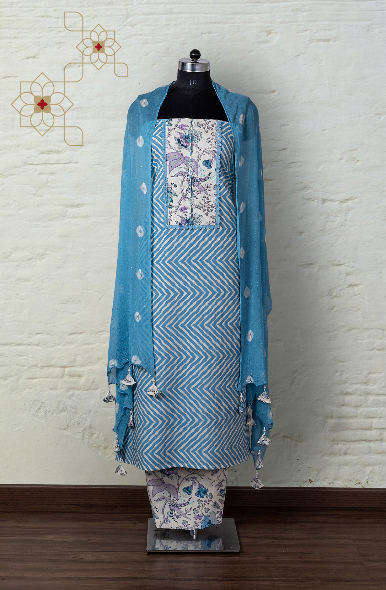Pastel Blue Cotton Printed Salwar Suit with Chiffon Dupatta - 131-SR206A