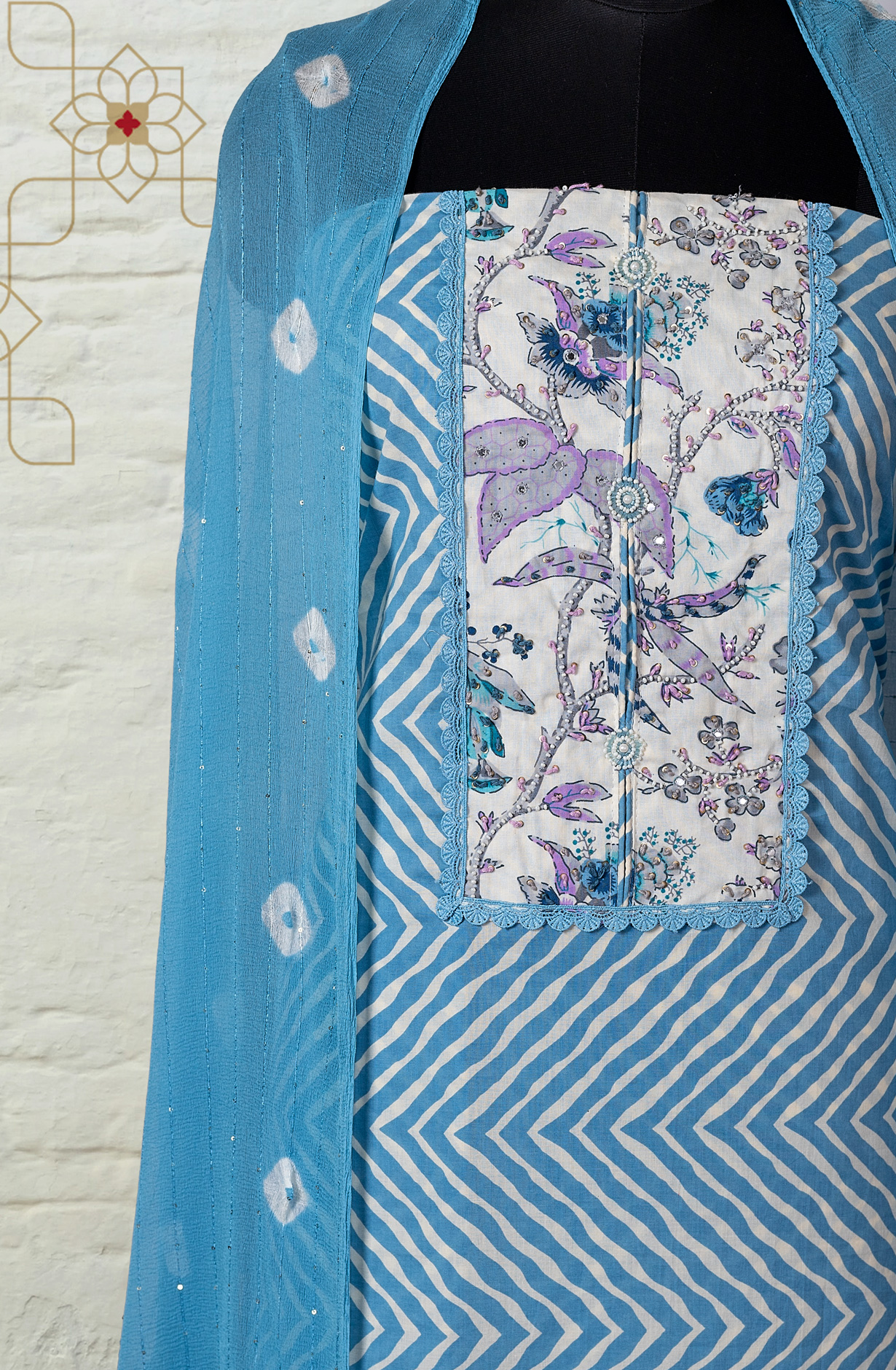 Pastel Blue Cotton Printed Salwar Suit with Chiffon Dupatta - 131-SR206A