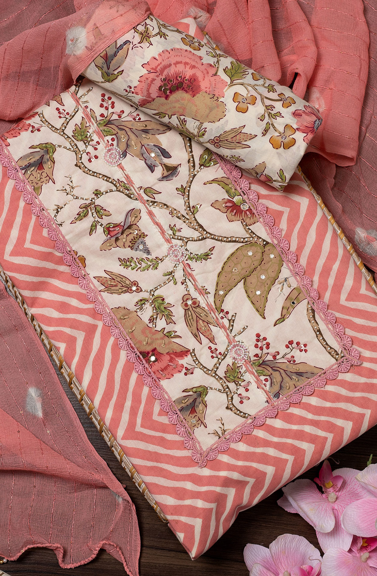 Peach Cotton Printed Salwar Suit with Chiffon Dupatta - 131-SR206