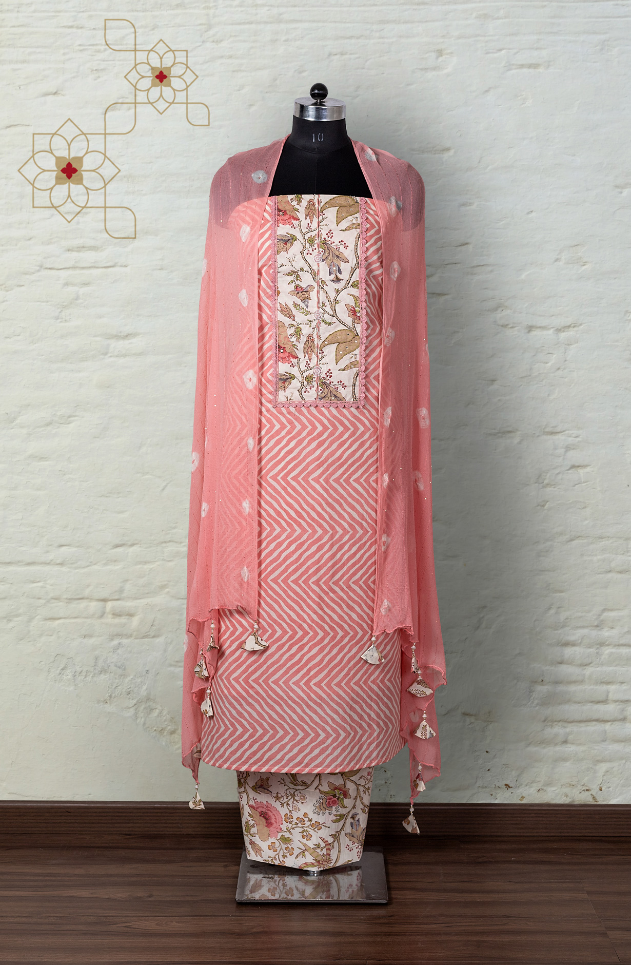 Peach Cotton Printed Salwar Suit with Chiffon Dupatta - 131-SR206
