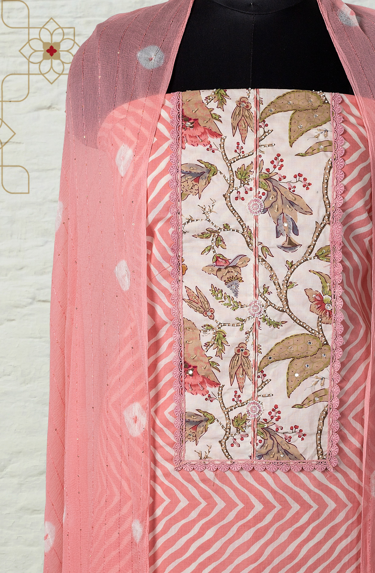 Peach Cotton Printed Salwar Suit with Chiffon Dupatta - 131-SR206
