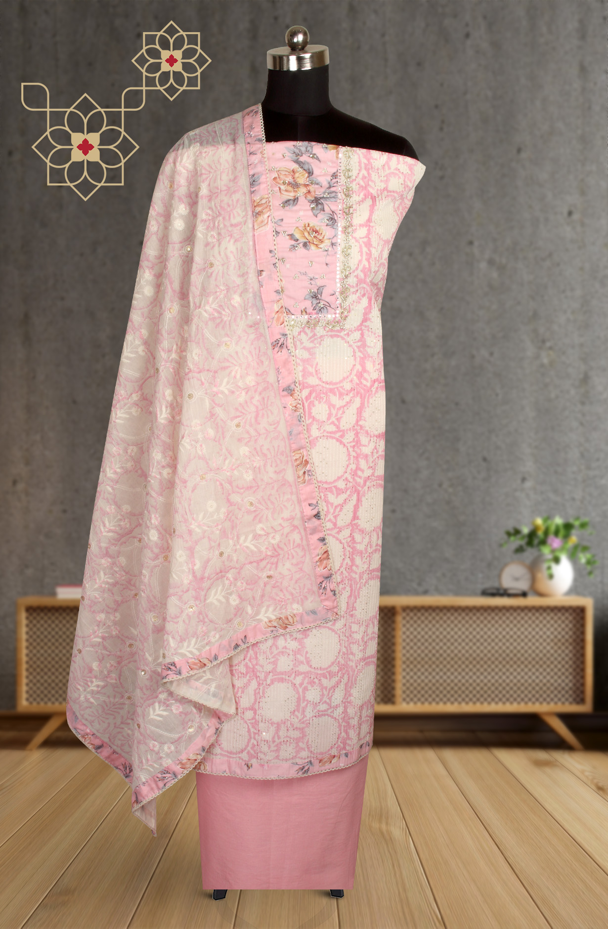 Baby Pink and White Cotton Suit-set with Beautiful Dupatta - 131-SR6627