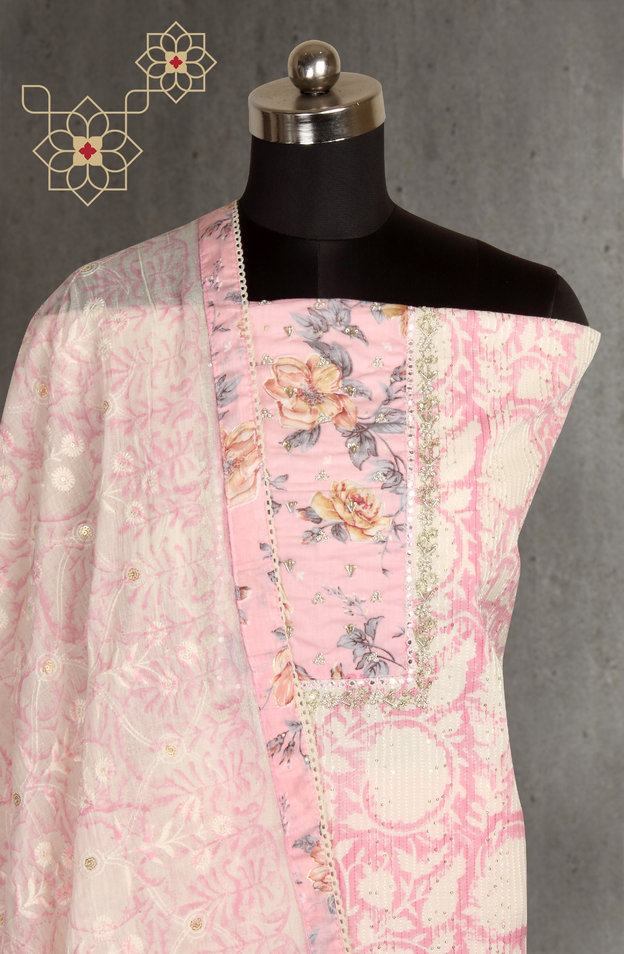 Baby Pink and White Cotton Suit-set with Beautiful Dupatta - 131-SR6627