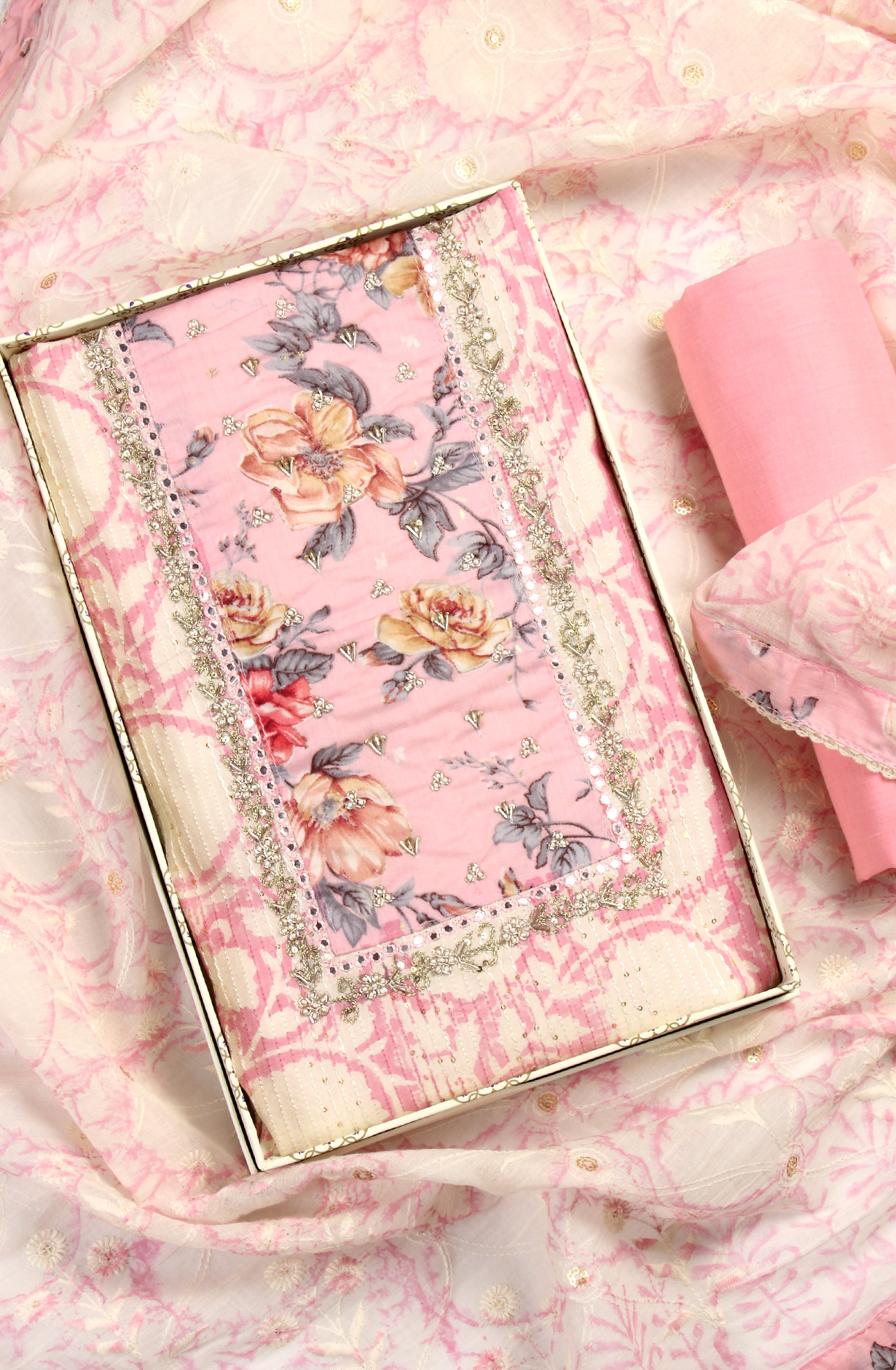 Baby Pink and White Cotton Suit-set with Beautiful Dupatta - 131-SR6627
