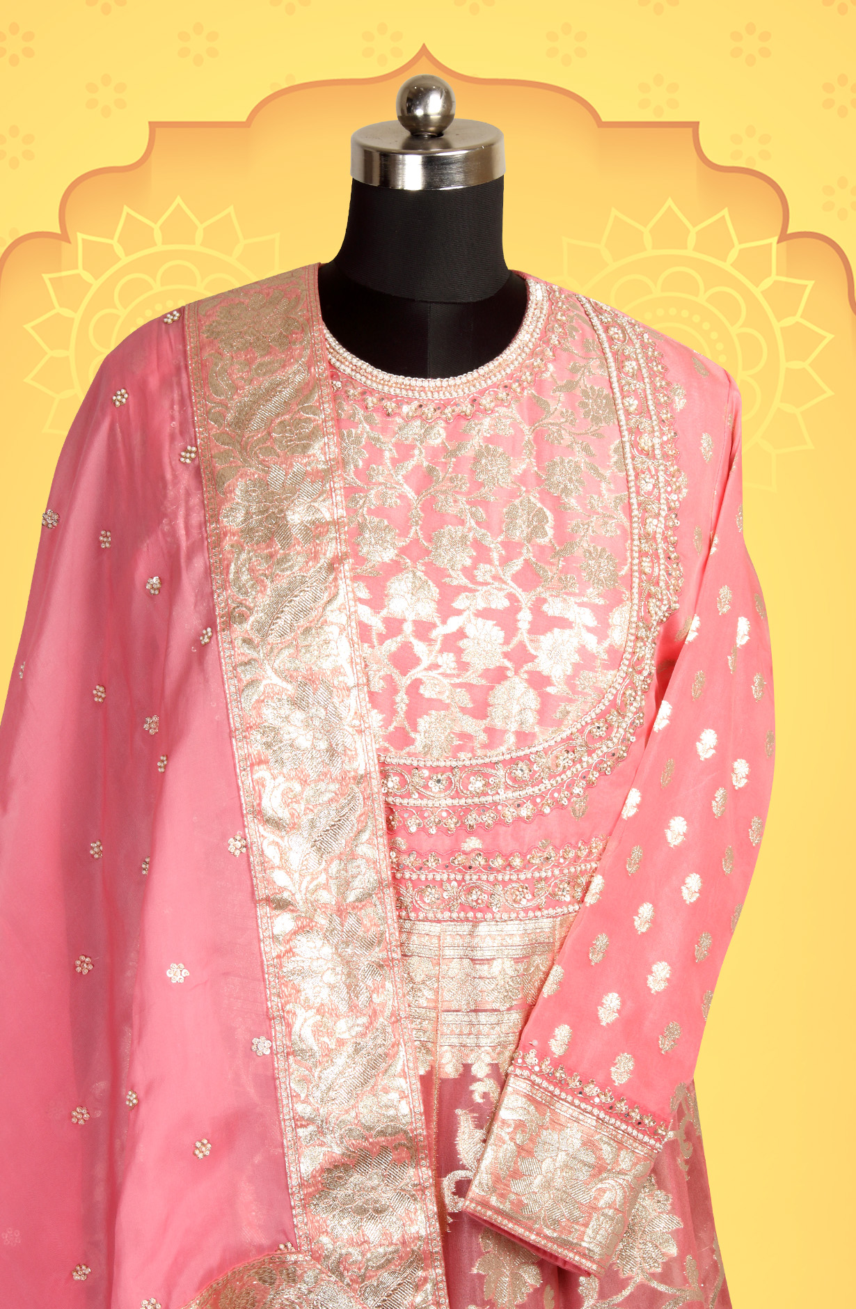 Pink Designer Partywear Organza Stitched Gown- 131-VF9260A