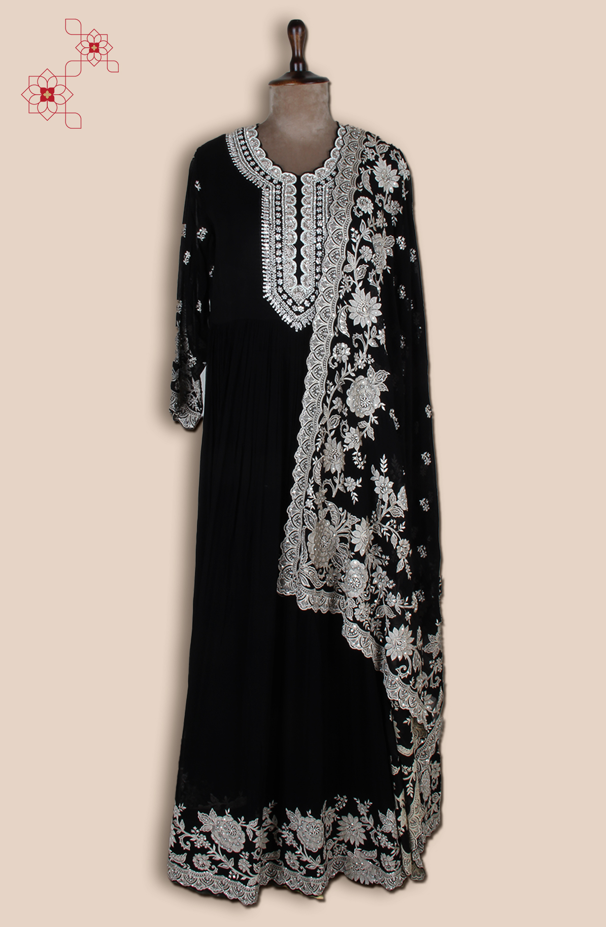 Black Partywear Georgette Gown with Trendy Dupatta - 131-VF9402