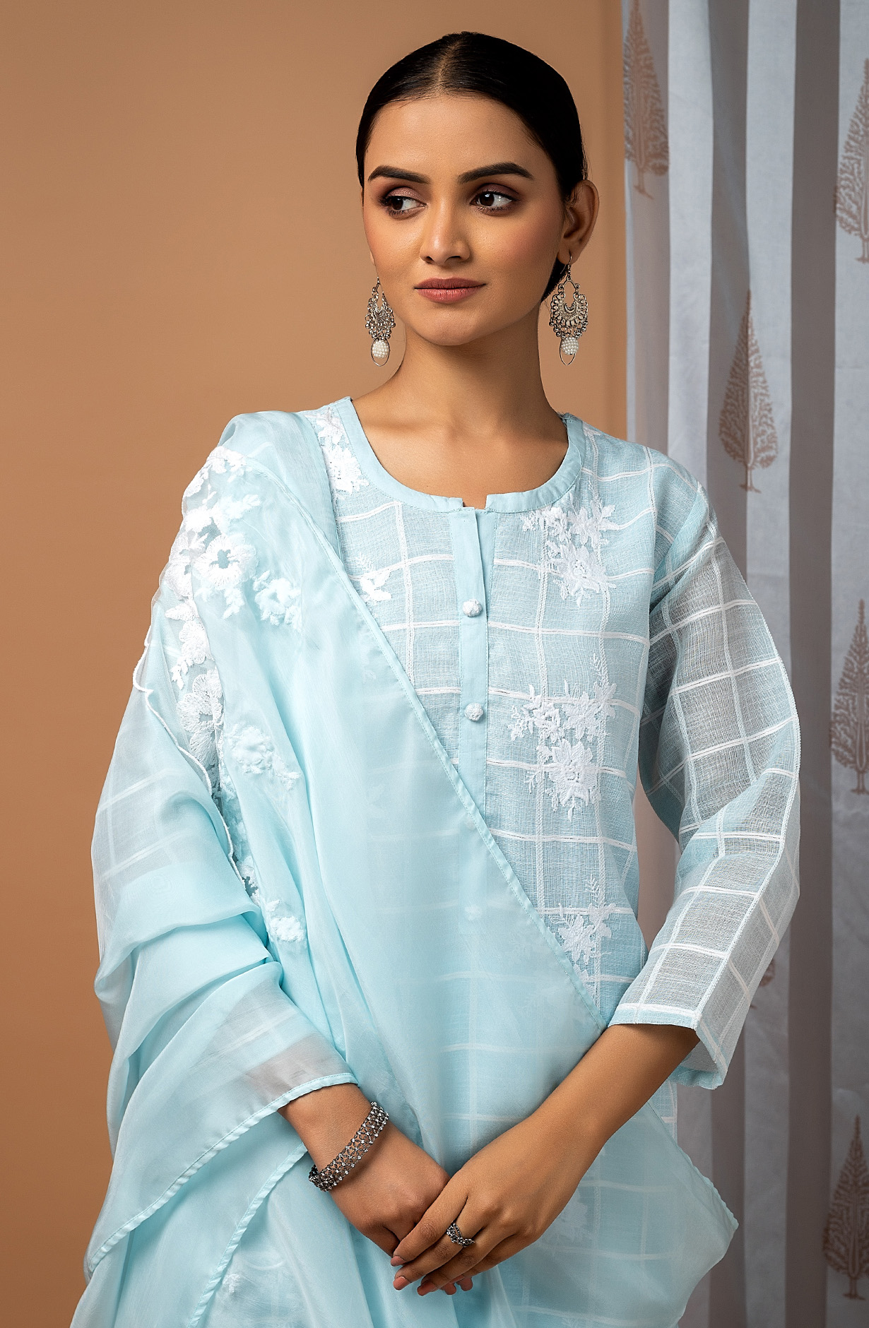 Sky Blue Linen Beautiful Embroidered Suit with Organza Dupatta - FAU1886B