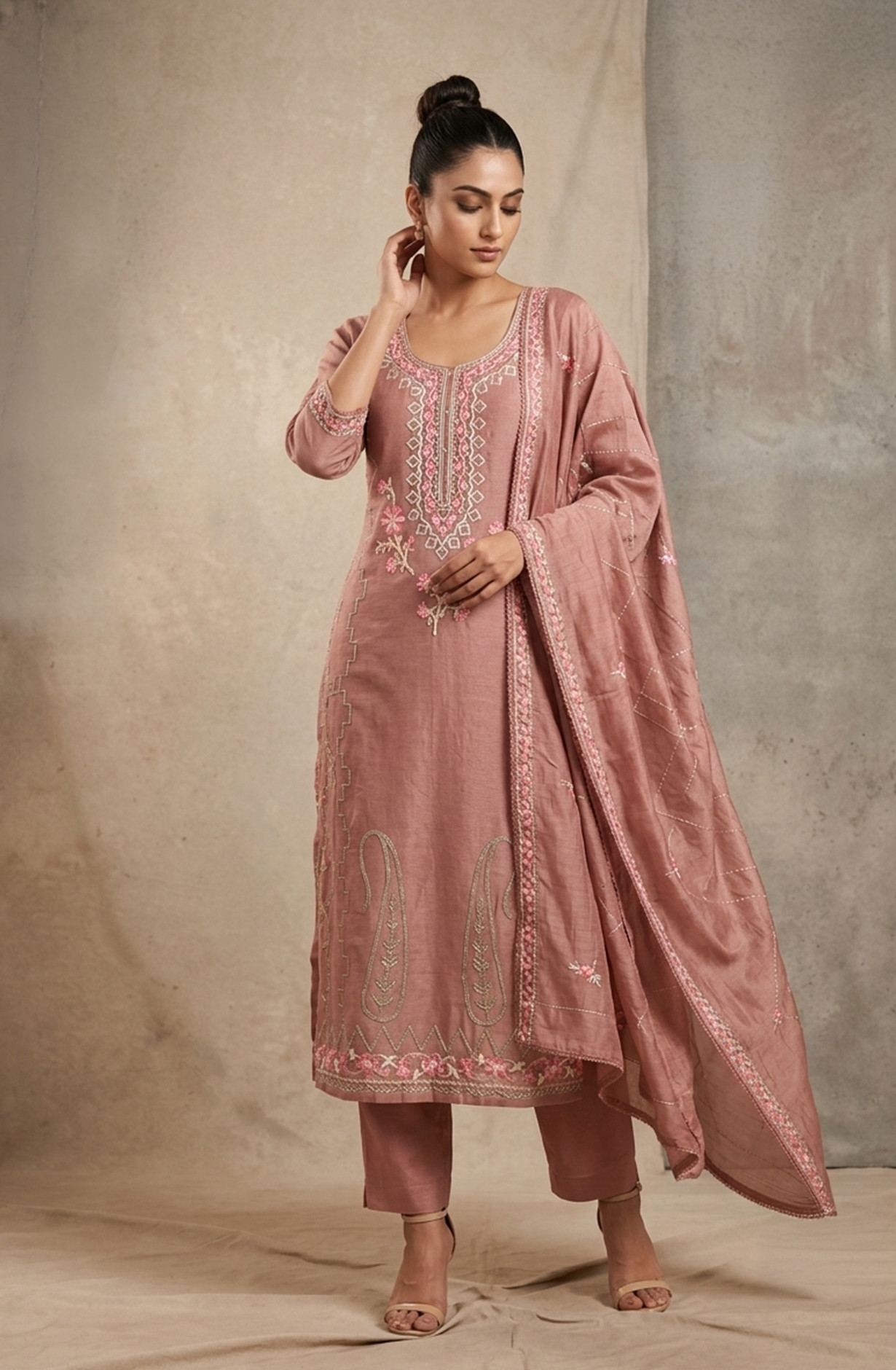 Brown Mul Chanderi Unstitched Suit Set with Beautiful Dupatta - 752-9026