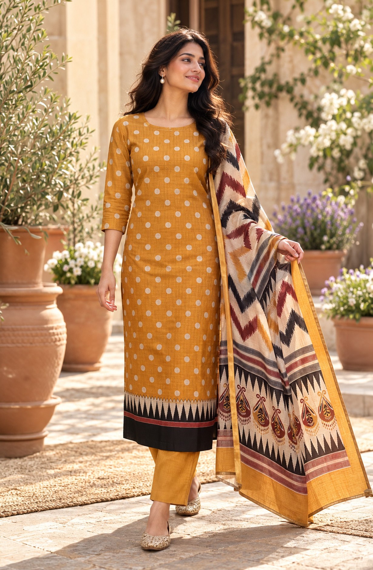Yellow Maheshwari Unstitched Suit-Set with Beautiful Dupatta - 1020-5995B