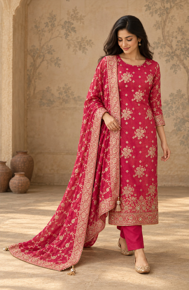 Image of Pink Shimmer Unstitched Suit Set with Beautiful Dupatta - 691-CH2790C