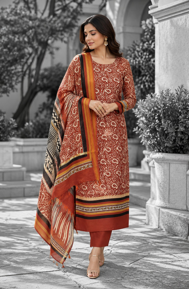 Image of Rust Maheshwari Unstitched Suit-Set with Dupatta - 1028-Maheshwari-17
