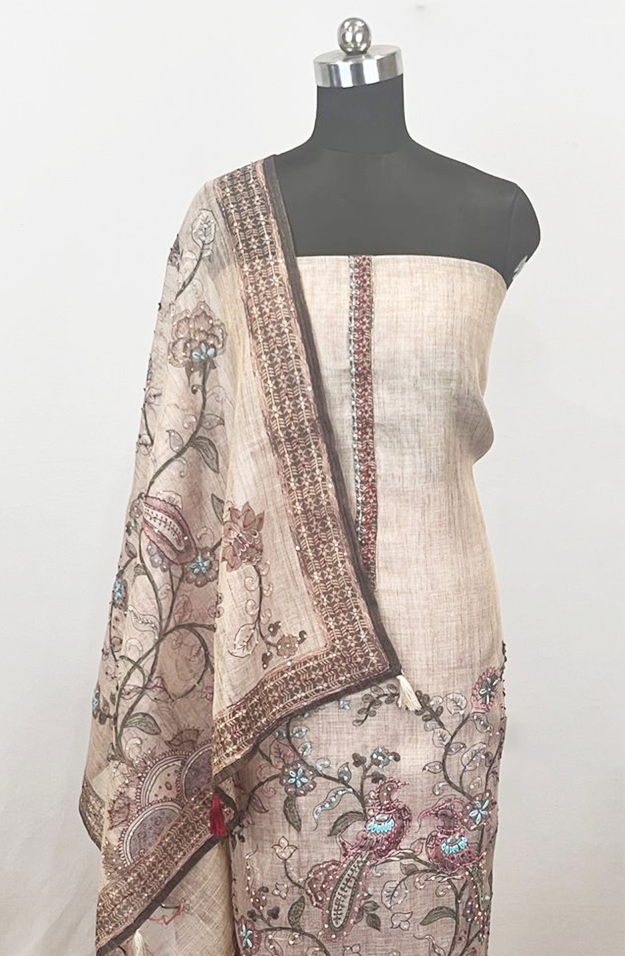 Brown Linen Unstitched Suit Set with Dupatta - 131-KE5459