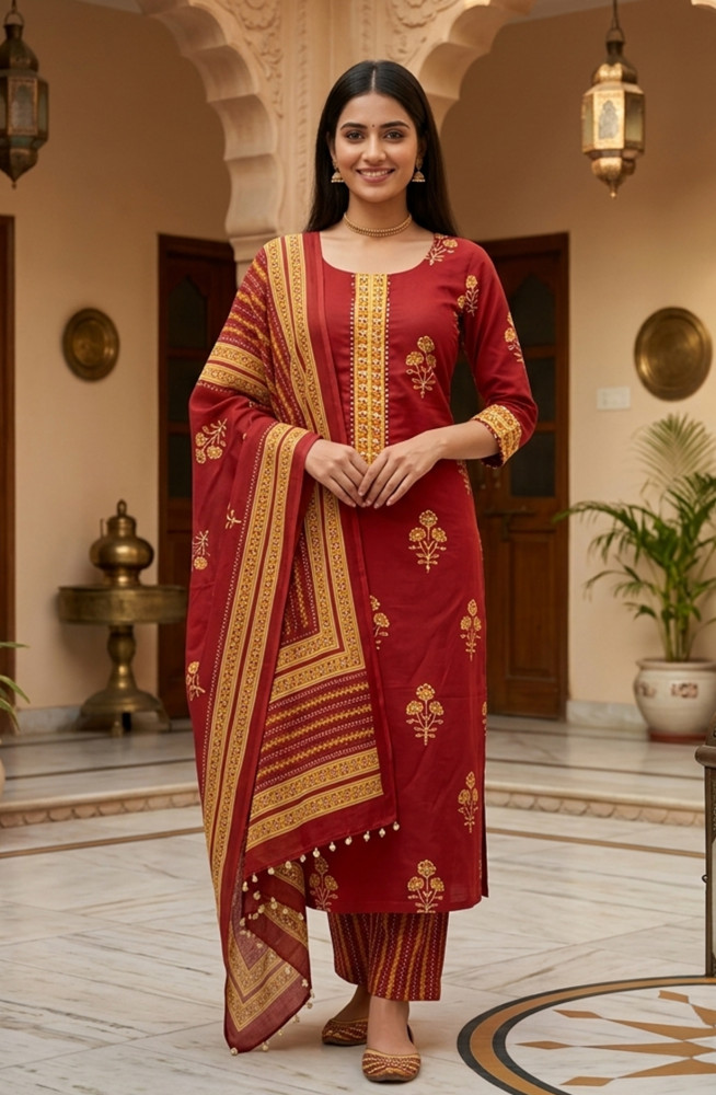 Image of Rust Cotton Digital Printed Beautiful Suit Set with Dupatta - 1029-3685
