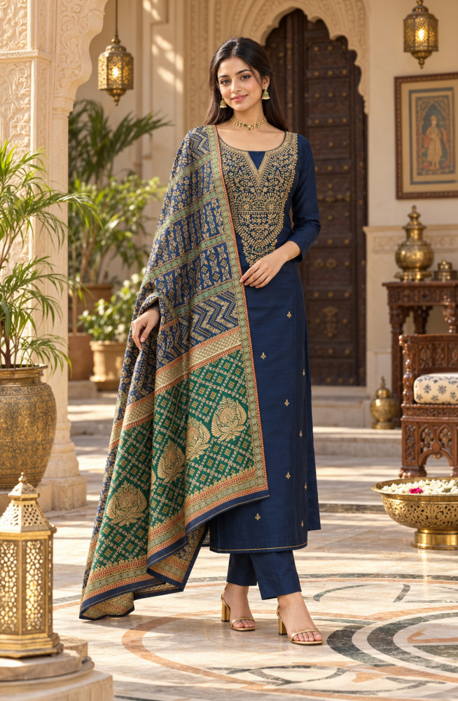 Image of Blue Silk Unstitched Suit-Set with Beautiful Dupatta - 981-NK688A