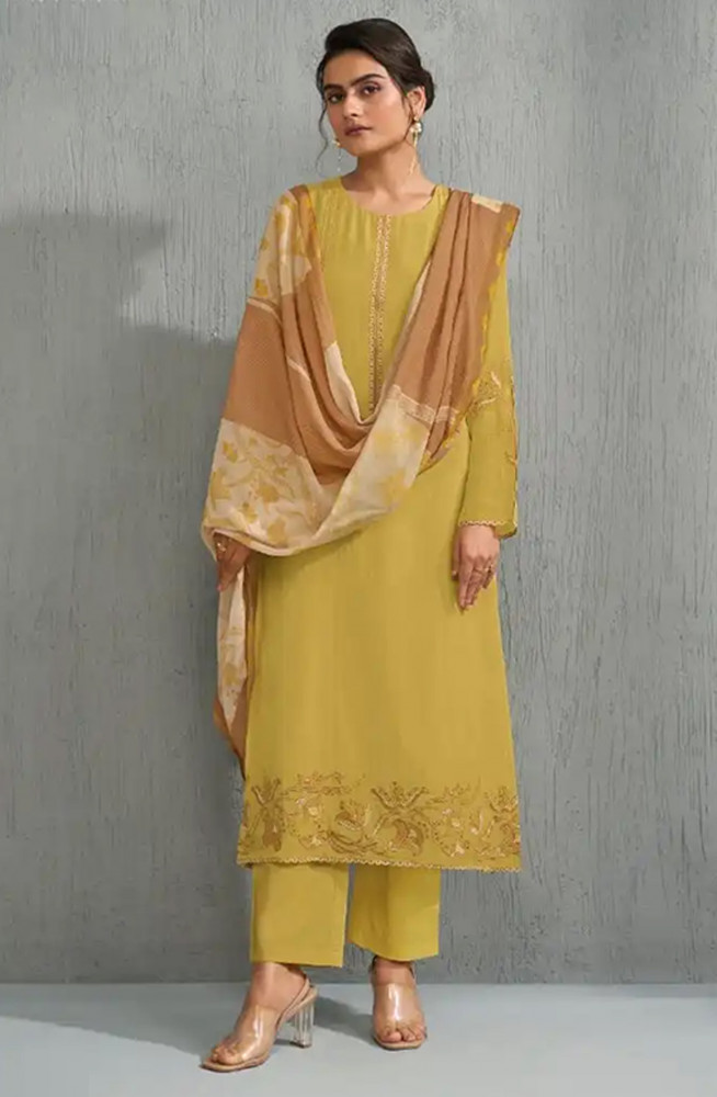 Image of Yellow mal chanderi silk Beautiful Suit Set with Dupatta - ZEH13041C