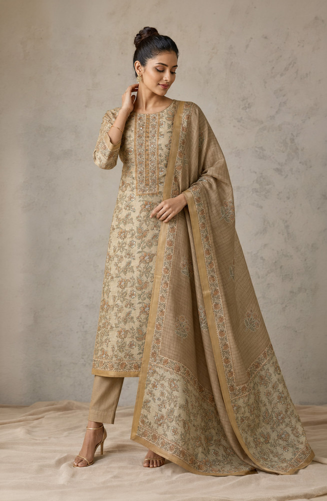 Image of Mehndi Chanderi Silk Unstitched Suit Set with Beautiful Dupatta - 944-1366
