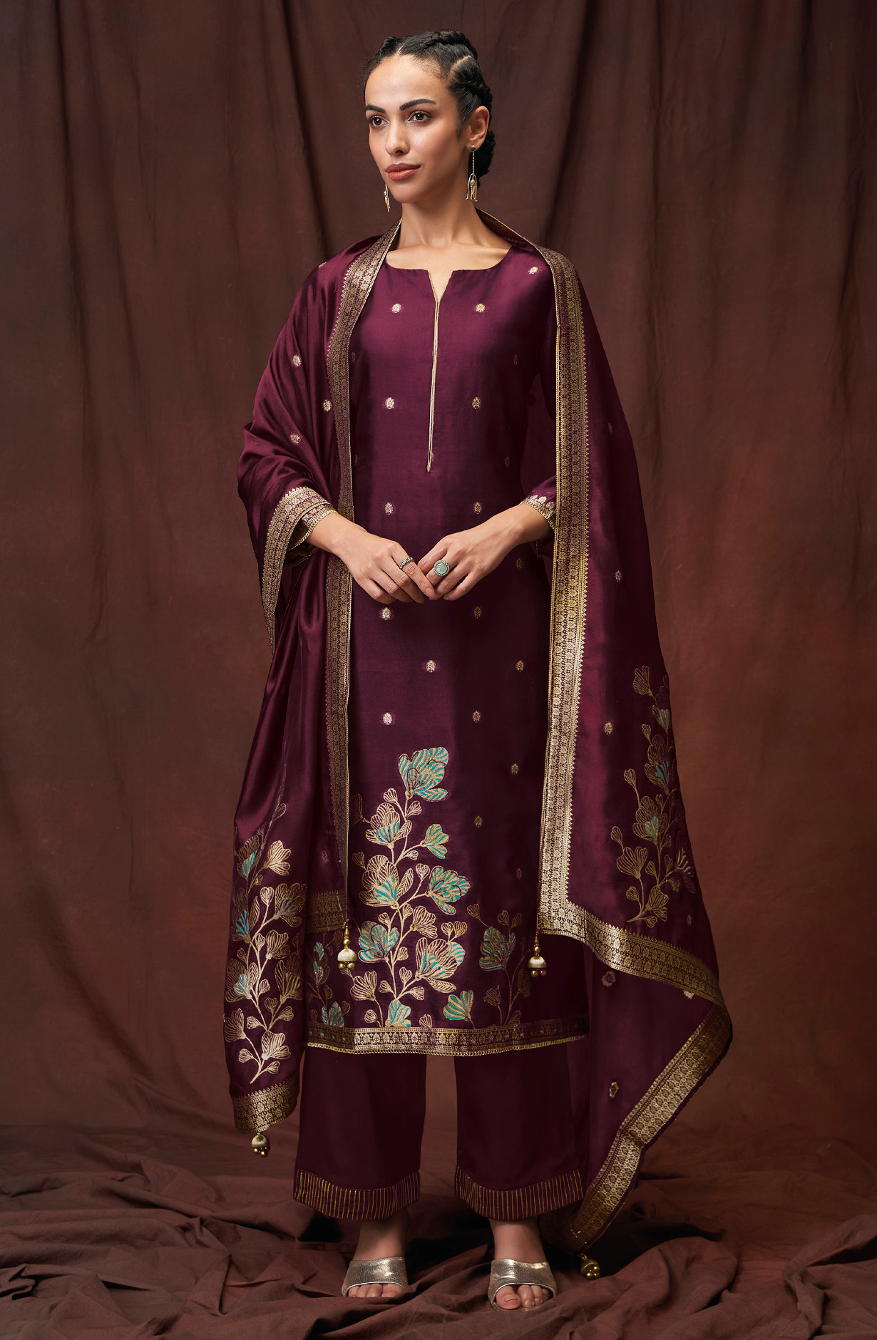 Wine Beautiful Chanderi Silk Unstitched Salwar Kameez - ABHS1796