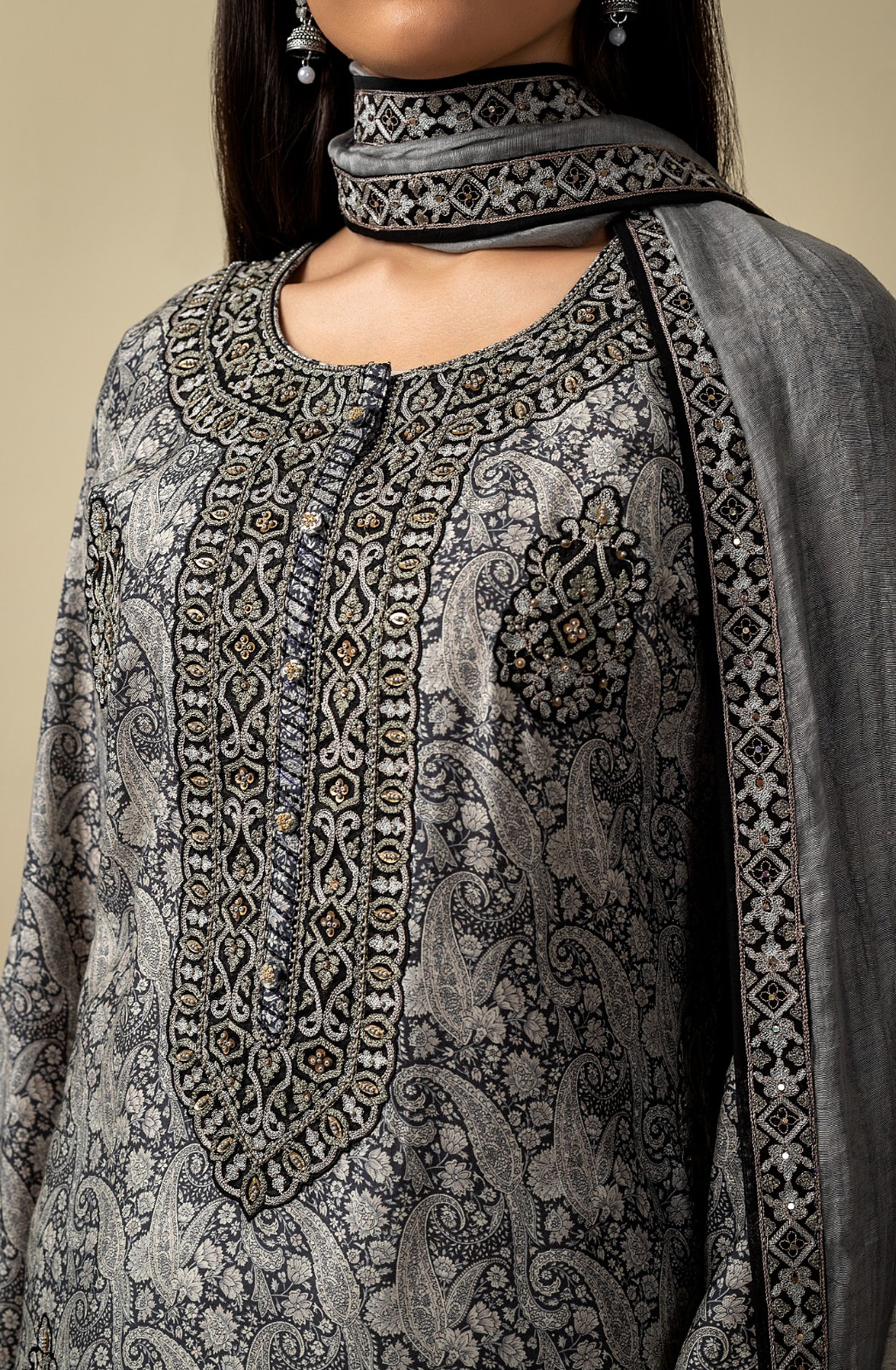 Black and Grey Muslin Beautiful Salwar Kameez with Organza Dupatta - R157-SPR1542