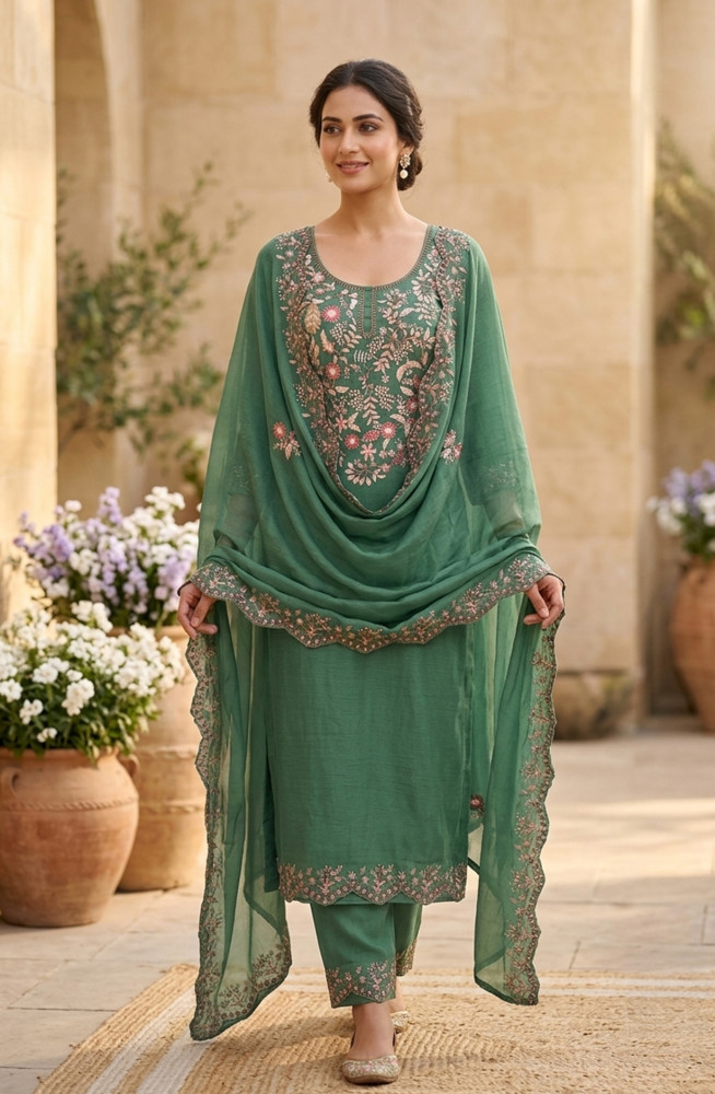 Image of Green Mul Chanderi Unstitched Suit Set with Beautiful Dupatta - 752-9187