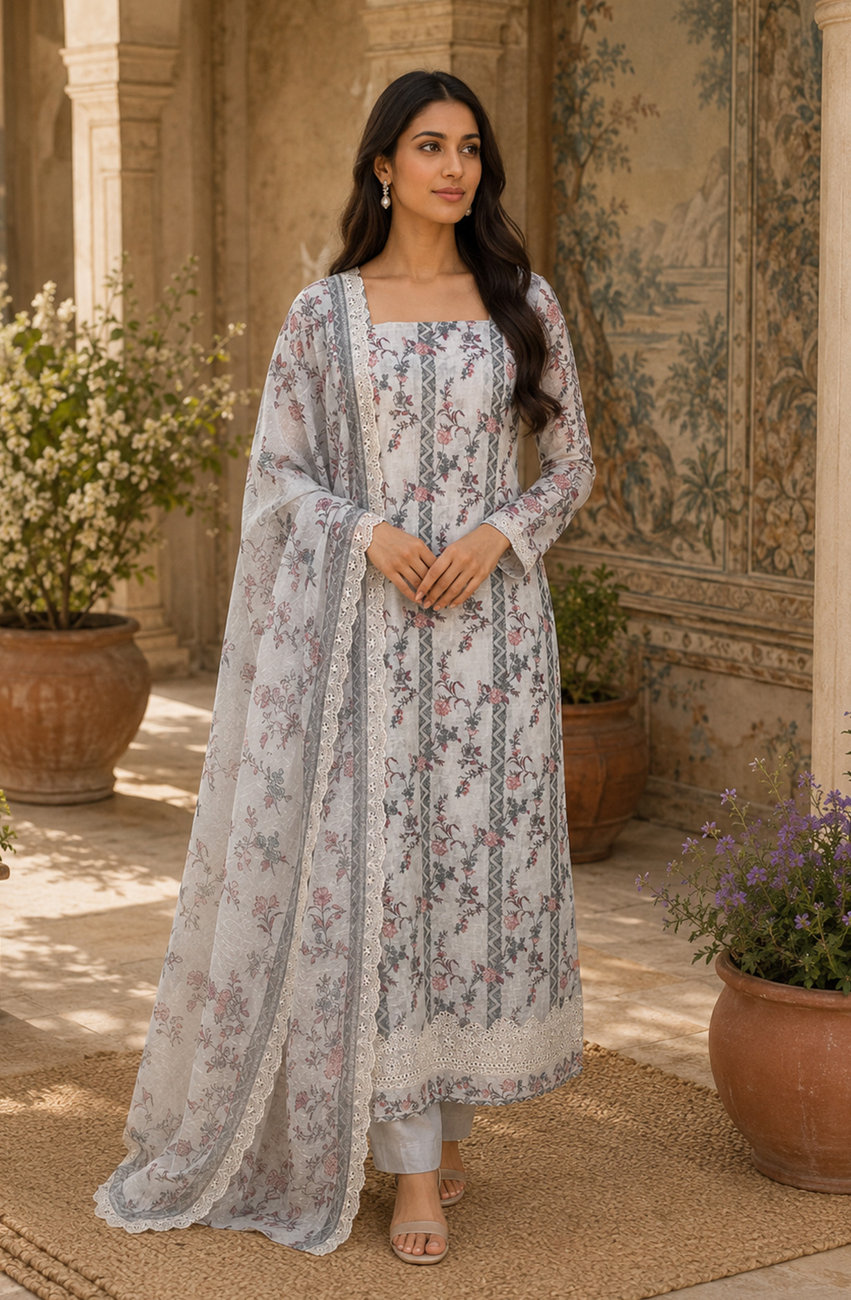 Grey Cotton Linen Suit Set with Beautiful Dupatta - 245-SUMCOT1503-4A