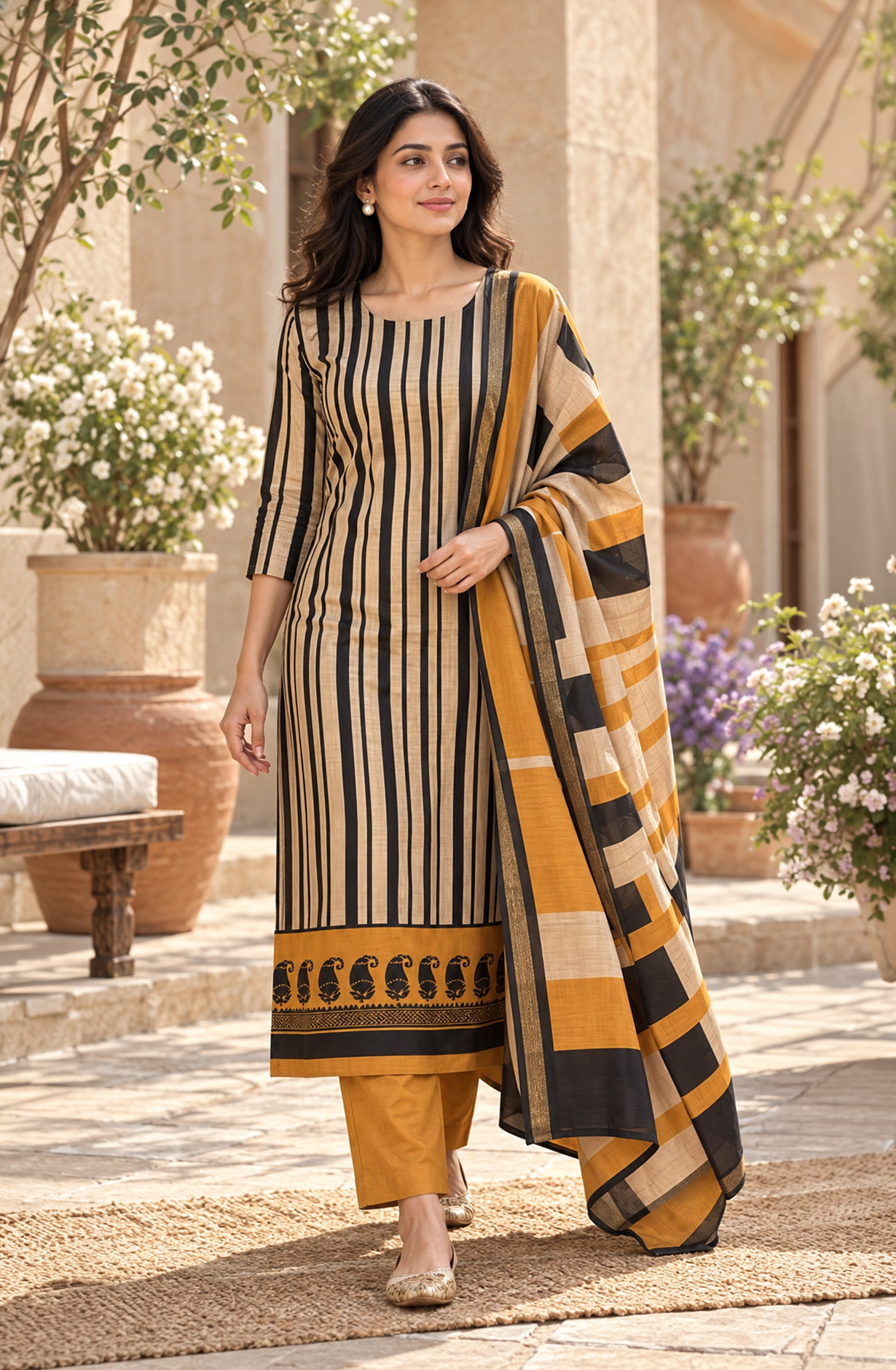 Mustard Maheshwari Unstitched Suit-Set with Beautiful Dupatta - 1020-5992A