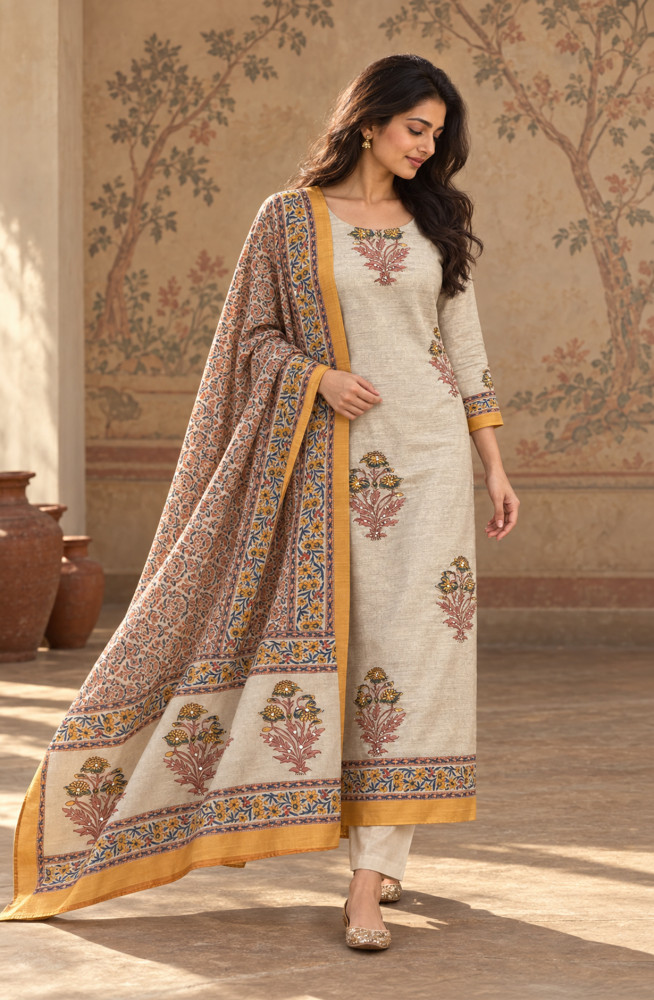 Image of Yellow Silk Unstitched Suit Set with Beautiful Dupatta - 972-WETSL1106B