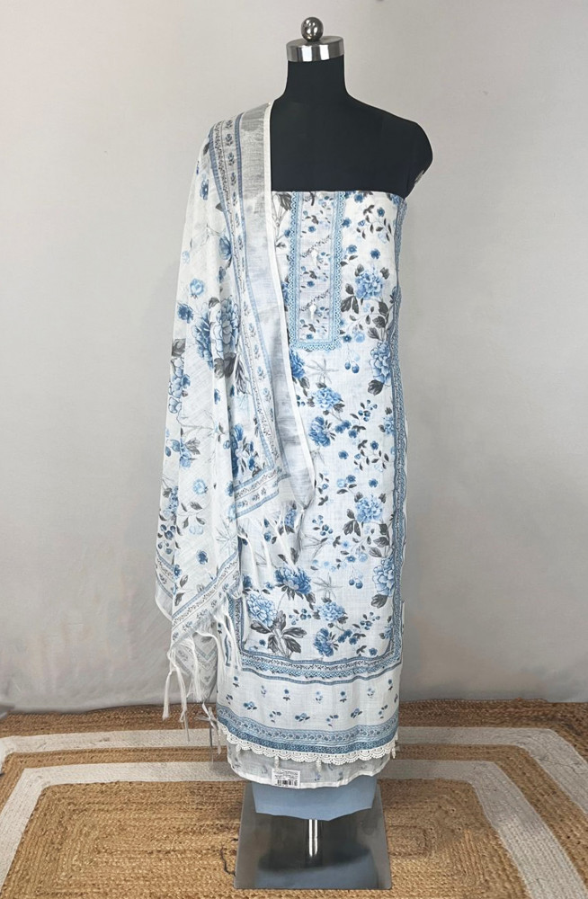 Image of Blue Floral Printed Linen Unstitched Suit Set with Dupatta - 131-SUMCOT1113