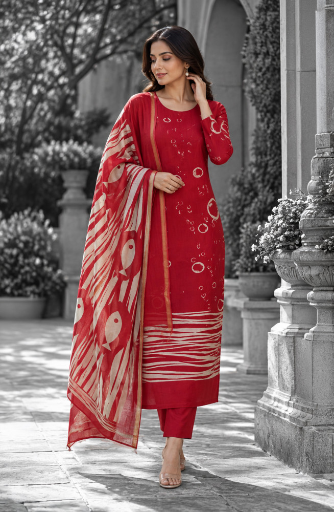 Image of Red Maheshwari Unstitched Suit-Set with Dupatta - 1028-Maheshwari-02