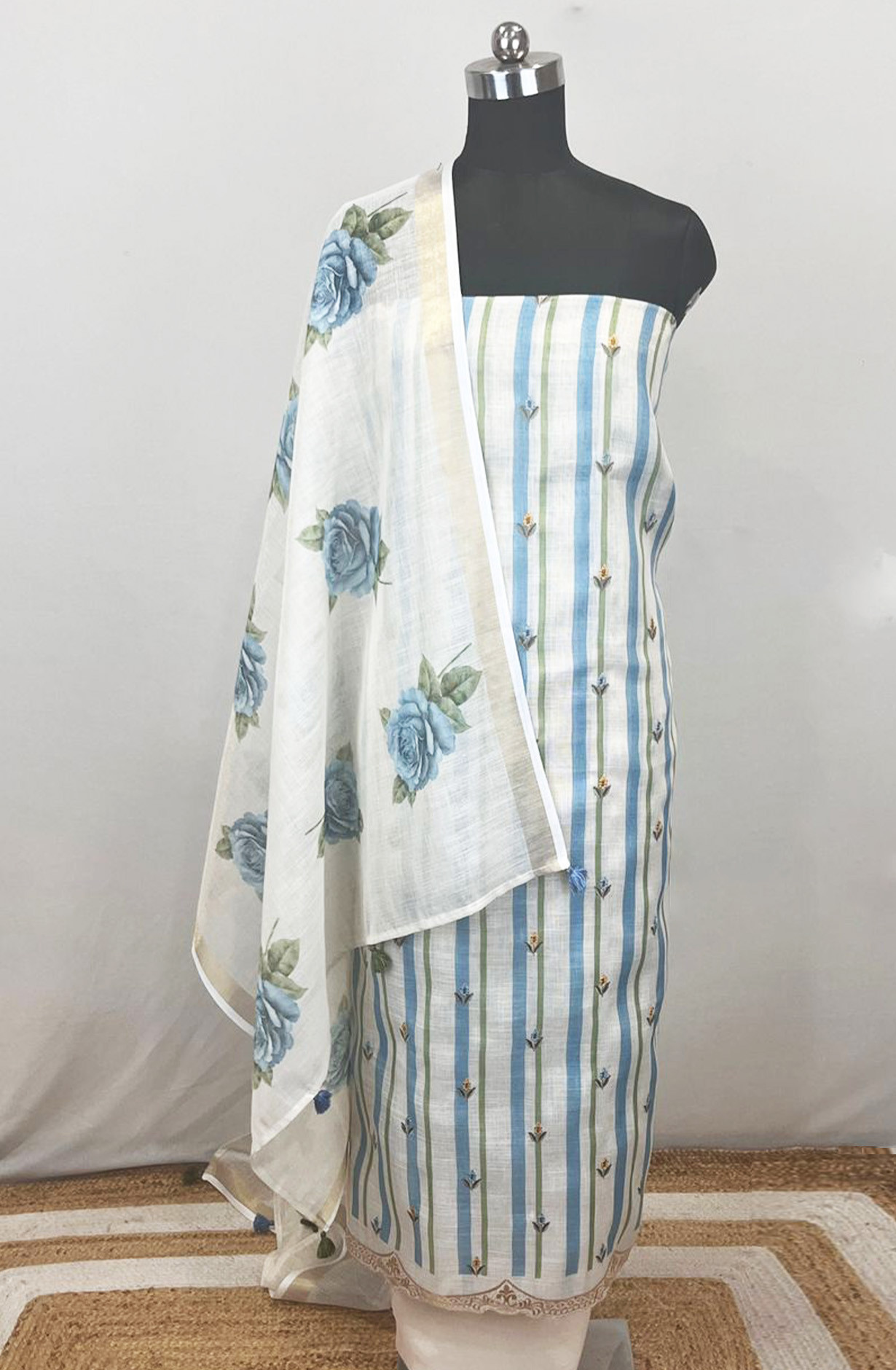 Blue Linen printed Unstitched Suit Set with Dupatta - 811-S151-2261B