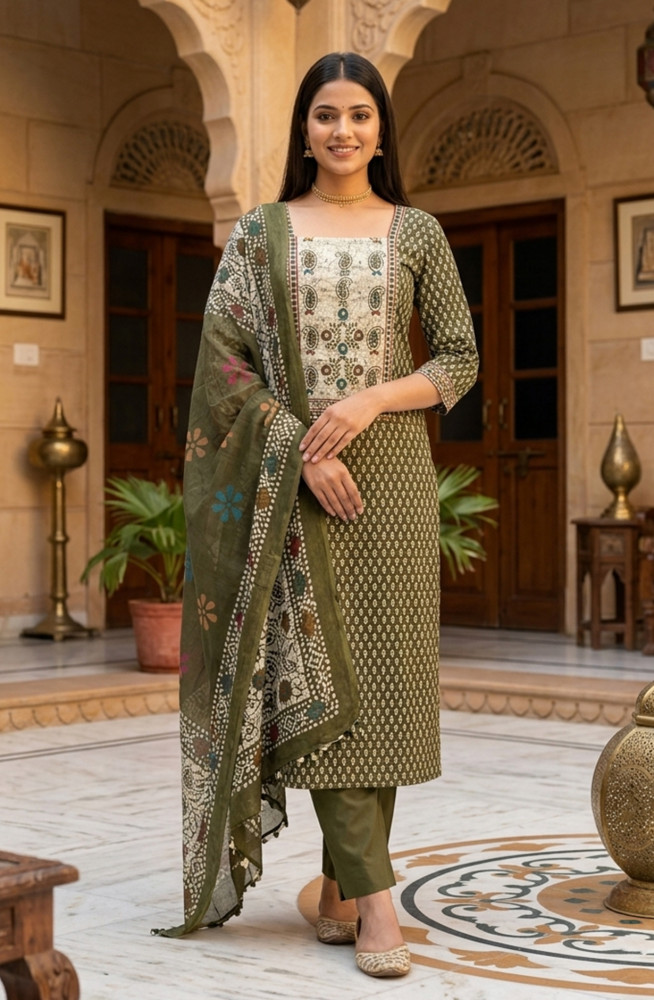 Image of Mehndi Cotton Digital Printed Beautiful Suit Set with Dupatta - 1029-3141
