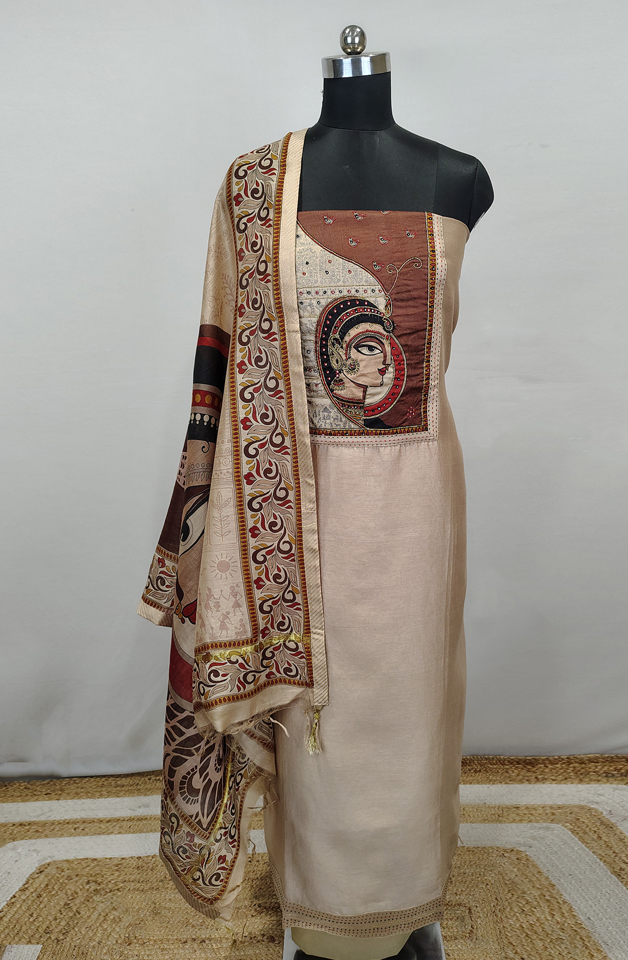 Beige Beautiful Maheshwari Unstitched Suit with Dupatta - 1027-MAHESHWARIKNTH-4A